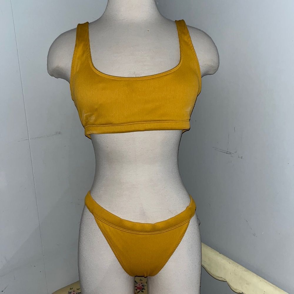 NWT/NWOT Pacsun LA Hearts Yellow Marigold Bikini Swimsuit Ribbed Scoop Set Med